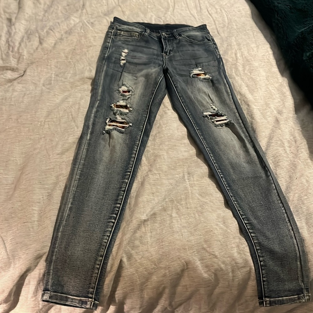 Grace & lace distressed jeans with cute plaid patches size 4.